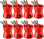 Mudder 8 Pcs Mini Fondue Pot Set with 32 Color Coded Forks Porcelain Tea Light Melting Mugs for Chocolate Cheese Dessert Small Fondue Pot Set for Christmas Valentine's Tapas Gifting(Red)