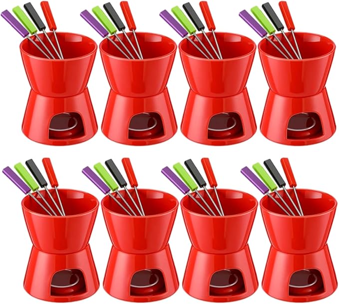 Mudder 8 Pcs Mini Fondue Pot Set with 32 Color Coded Forks Porcelain Tea Light Melting Mugs for Chocolate Cheese Dessert Small Fondue Pot Set for Christmas Valentine's Tapas Gifting(Red)