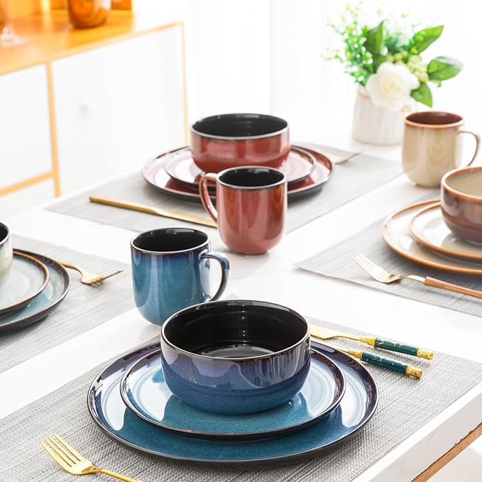 LERATIO Ceramic Plates Set of 6, 10.5 Inch Reactive Glaze Light Weight Porcelain Salad Plates,Modern Shape Dinnerware Dishes Set for Microwave& Dishwasher &Oven Safe,Scratch Resistant-Colorful