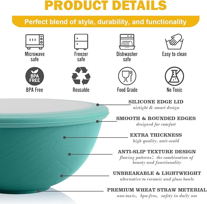 40 OZ Wheat Straw Bowls with Lids Set, 4 PCS Unbreakable Salad Bowls with Lid, Alternative Plastic Food Containers with Lids for Lunch, Microwave & Dishwasher Safe Kitchen Bowl Set, Green