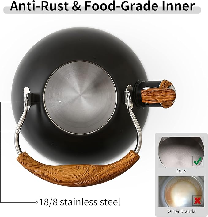 LONFFERY Tea Kettle for Stove Top, 2.5 Quart Whistling Tea Kettle, with Food Grade Stainless Steel and Wood Pattern Folding Handle, Black