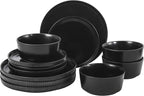 Gibson Home Dempsey Road 12-Piece Stoneware Dinnerware Set – Service for 4, Round Black Plates and Bowls, Durable Solid Color Modern Embossed Dish Set, Microwave & Dishwasher Safe