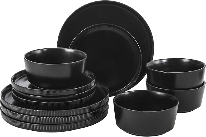 Gibson Home Dempsey Road 12-Piece Stoneware Dinnerware Set – Service for 4, Round Black Plates and Bowls, Durable Solid Color Modern Embossed Dish Set, Microwave & Dishwasher Safe