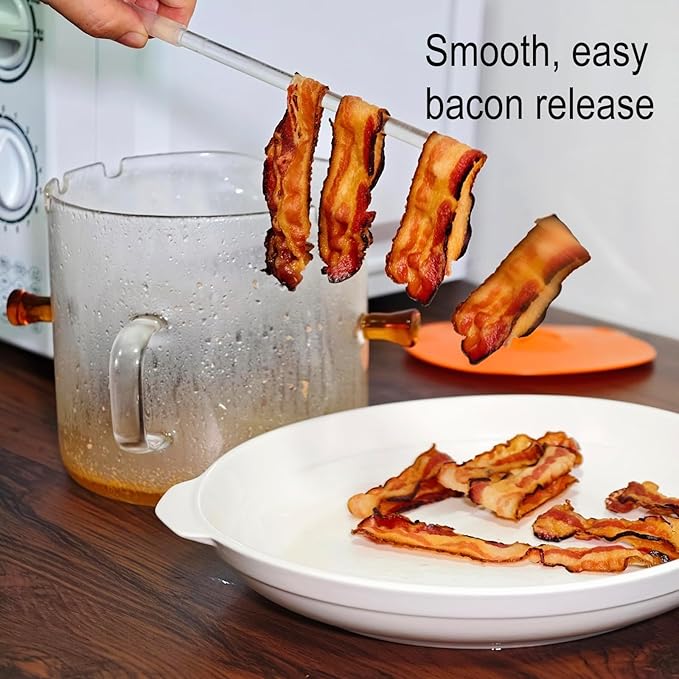 Microwave Bacon Cooker, 2 in-1 Glass Cooking Pot, Microwavable Bacon Grill with Silicone Lid, Grease Easy Clean