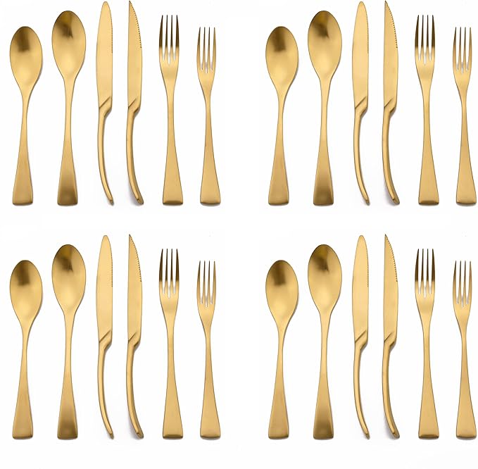 Golden Silverware Set, 24 Pieces Stainless Steel Eating Utensil Set with Gift Box, Include Knife, Forks and Spoons, Matte Polished Flatware Set for 4, Dishwasher Safe, Gold