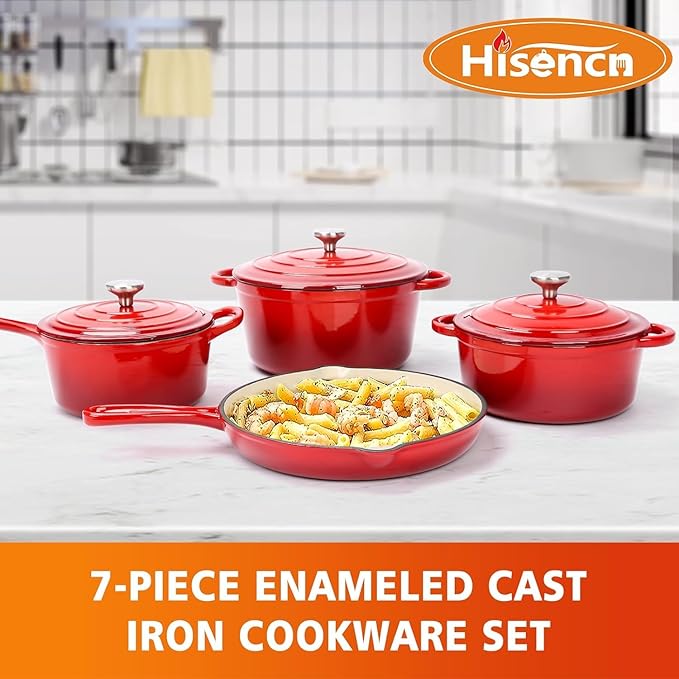 Hisencn Enameled Cast Iron Cookware Set - 7 Piece Dutch Ovens Set, Sauce Pan, Skillet, 3 Lids, Pots and Pans Set, Ceramic Coated Cast Iron, Heavy Duty, Gas/Induction Compatible, PFA Free, Rouge Red