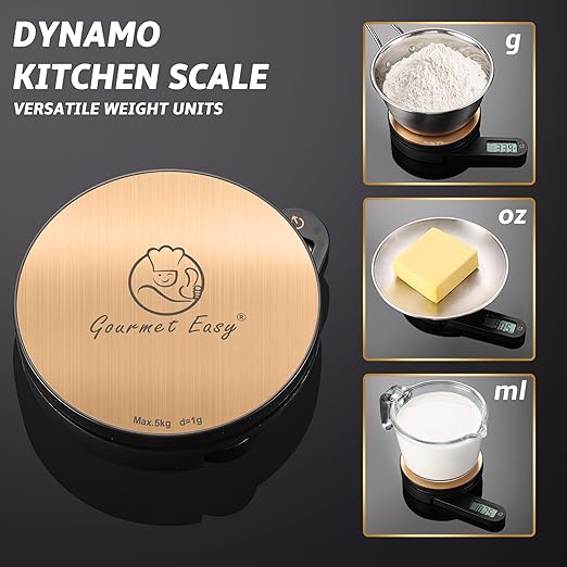Battery Free Digital Kitchen Round Scale with LCD Display, Baking Cooking,and Meal prep 1g/0.01oz Units up to 5Kg/11Lb Weight, Tare Function (RG)