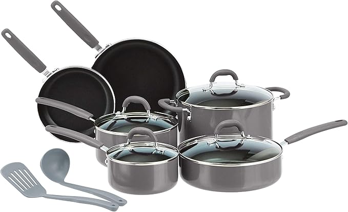 Amazon Basics Aluminum 12-Piece Cookware Set, Gray - Pots, Pans and Utensils