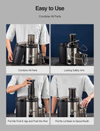 QCen Juicer Machine, 500W Centrifugal Juicer Extractor with Wide Mouth 3” Feed Chute for Fruit Vegetable, Easy to Clean, Stainless Steel, BPA-free (Black)