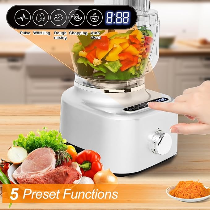 Homtone 16 Cup Food Processor, Aluminum-Diecast Food Processors with Whisk, 5 Preset Modes Vegetable Chopper Electric, 8 Blades 11 Functions for Home Use, Stepless Speed Control, 650W, Sliver
