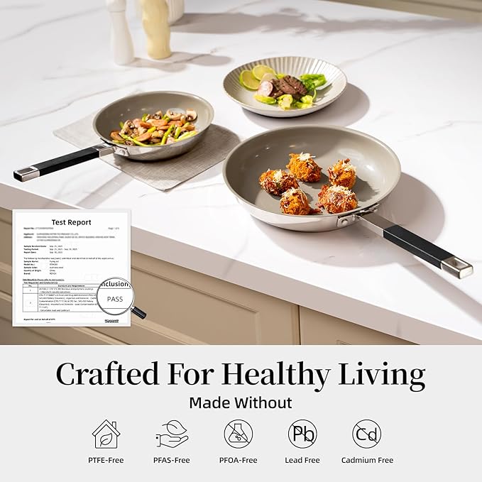 ROYDX Stainless Steel Fry Pan Set Titanium Ceramic Non Stick Frying Pan with Lid 8", 10" and 12" Oil Gather Pro Non Stick Skillets with Stay-Cool Handle PFOA Free, Compatible with All Cooktops