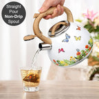 Tea Kettle, Toptier Teapot Whistling Kettle with Wood Pattern Handle Loud Whistle, Food Grade Stainless Steel Tea Pot for Stovetops Induction Water Kettle, 2.7-Quart Butterfly