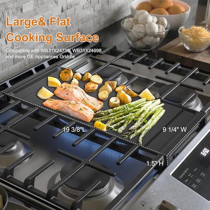 UPGRADED WB31X24738 Griddle Replacement for GE Appliance Gas Range Center, 9 19.5 inch Compatible With GE Stove Parts, Aluminum With Food Grade Nonstick Cooktop Plate Flat