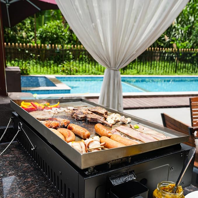 KingChii 28" Tabletop 3-Burner Griddle Portable Gas Grill with Rear Grease Trap, Powder Coated Steel, Black