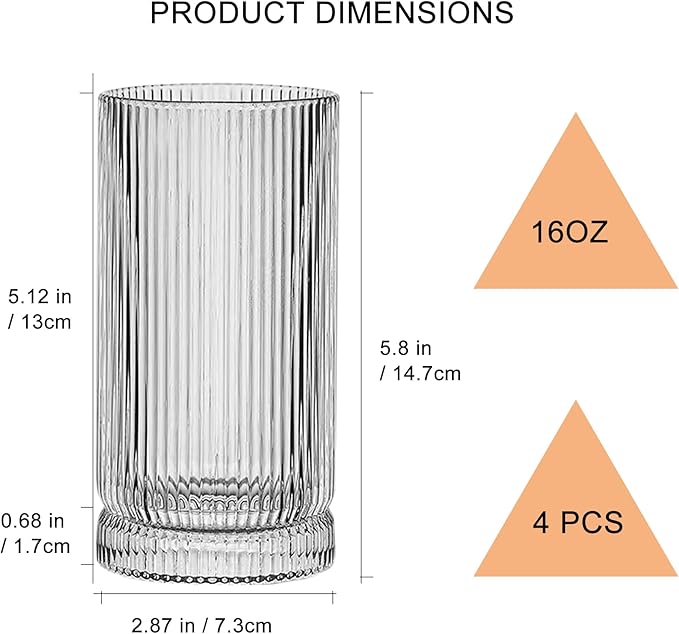 Ribbed Highball Glasses 16 oz - Set of 4 Vertical Drinking Glassware - Fits For Home Bars, Offices, or Restaurants - Water Glass Cups Dishwasher Safe