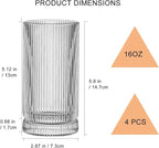 Ribbed Highball Glasses 16 oz - Set of 4 Vertical Drinking Glassware - Fits For Home Bars, Offices, or Restaurants - Water Glass Cups Dishwasher Safe