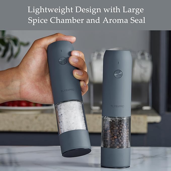 Electric Salt and Pepper Grinder Set with USB Rechargeable, Automatic One Hand Operation with Adjustable Coarseness, Pepper Mill Grinder Refillable with LED Light (2 Packs, Blue-Grey)