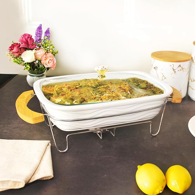 12" x 8" Ceramic Casserole Baking Dish With Glass cover and rack, Lasagna Pan Deep for Oven, 2.2 Quarts Baking Pan with Handles, Oven Safe&Durable Bakeware for Home Decor