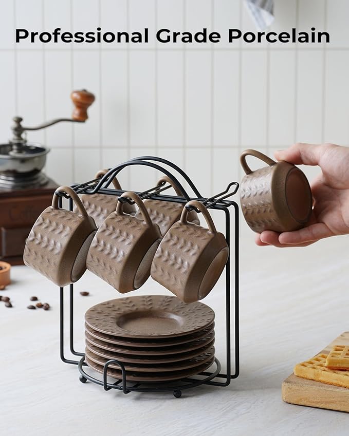 Espresso Cups Set, 4 Oz Porcelain Coffee Cups with Saucer and Metal Stand Small Cappuccino Cups Set of 6 Demitasse Cups for Espresso, Latte, Cafe Mocha, Cappuccino, and Tea, Brown