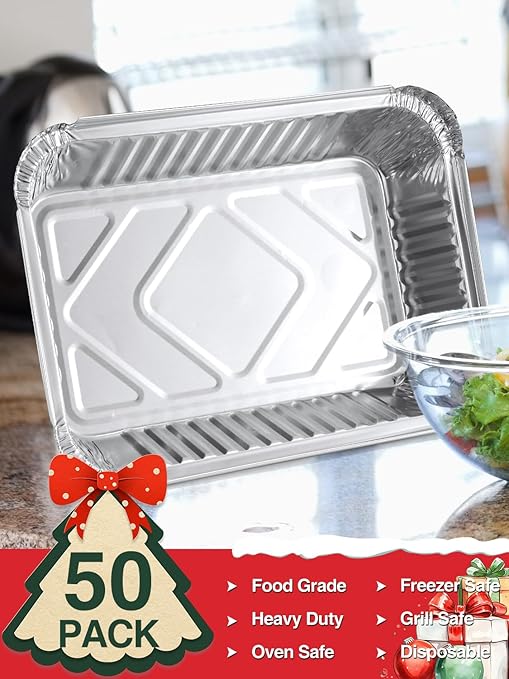 50 Pack 8x6 Disposable Aluminum Pans with Lids Aluminum-Foil-Pans-Tin-Foil-Baking-Pans-Tin-Trays-Food-To-Go-Containers-for-Meal-Prep-Cooking-Roasting-Heating-Takeout