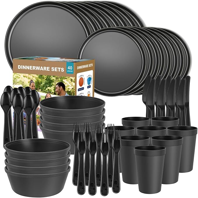 Plastic Dinnerware Sets – 40-Piece Plates and Bowls Sets with Cups, Knives, Forks and Spoons, Dishes Set for 8, Reusable Unbreakable Kitchen Dishware for Apartment, Camping, Outdoor, Black