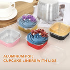 HARFINGTON 40Pack 10oz Disposable Mini Cake Pans with Lids & Spoons Black Gold Aluminum Foil Square Baking Cupcake Dessert Cups Tin for Birthday Party