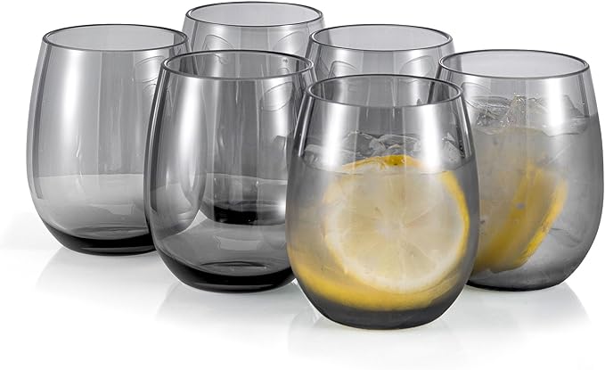 KX-WARE Unbreakable 18-ounce Acrylic Stemless Wine Glasses All Purpose Plastic Tumbler, set of 6 Gray Dishwasher Safe BPA Free Classic Style