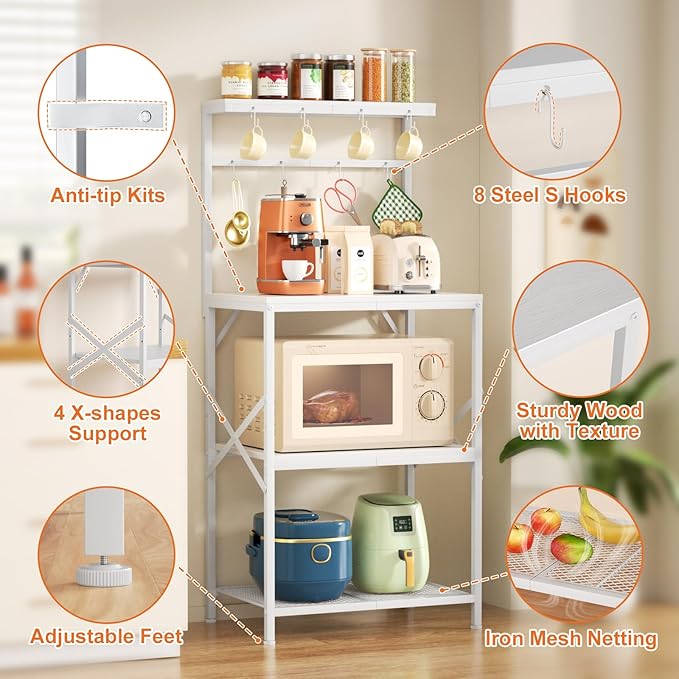 Kitchen Bakers Rack with Storage Shelves, Small Coffee Bar Cart with 8 Hooks, 4 Tiers Microwave Stand Station with Adjustable Shelves, Freestanding Kitchen Appliance Organizer, White