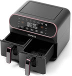 8 QT Large Air Fryer, Dual Basket Airfryer with Easy View Windows, Preheat, Air Fry, Roast, Broil, Bake, Dehydrate, 2 Independent 4 QT Nonstick Dishwasher Safe Baskets, w/Pink Border