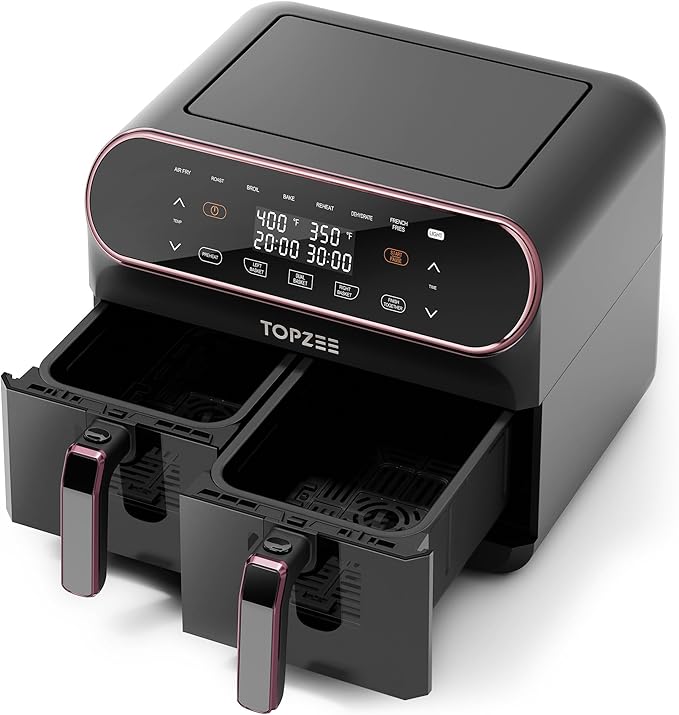 8 QT Large Air Fryer, Dual Basket Airfryer with Easy View Windows, Preheat, Air Fry, Roast, Broil, Bake, Dehydrate, 2 Independent 4 QT Nonstick Dishwasher Safe Baskets, w/Pink Border