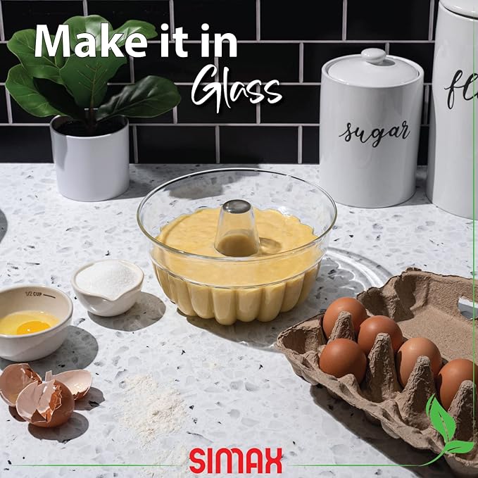 SIMAX Clear Glass Fluted Bundt Pan, Heat, Cold, and Shock Proof, Holds 1.4 Quarts (5.4 Cups), Made in Europe, Great for Small Ring Cakes, Puddings, Desserts, Monkey Bread, and More, Dishwasher Safe