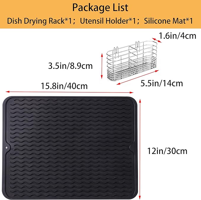 Stainless Steel Dish Drying Rack(15"L x 8.3"W x 4.2"D), Expandable Fruit & Vegetable Drain Rack over Sink, Dish Drainer Rack in Sink, with Stainless Steel Utensil Holder & 16" Silicone Mat