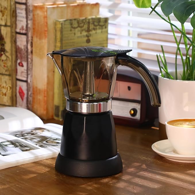Electric Espresso Maker Transparent Coffee Maker Electric Moka Pot Portable Aluminum Espresso Machine Italian Moka Pot with Detachable Base, Coffee Gift for Women Men Home Travel(Black,6 Cup)