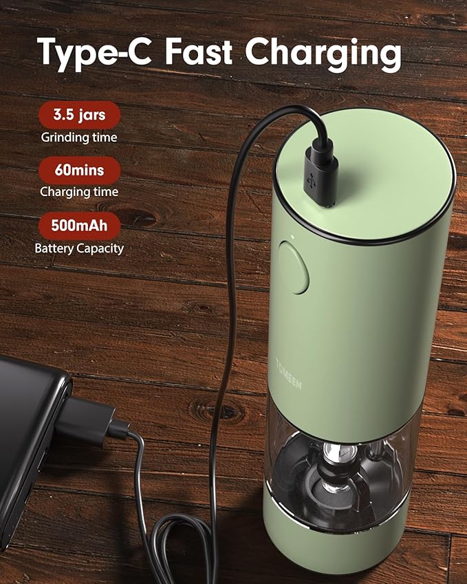 TOMEEM Upgraded Larger Capacity Electric Salt and Pepper Grinder Set Rechargeable with LED lights, Stainless Steel Automatic Pepper and Salt Grinder Refillable with 5 Adjustable Coarseness Green