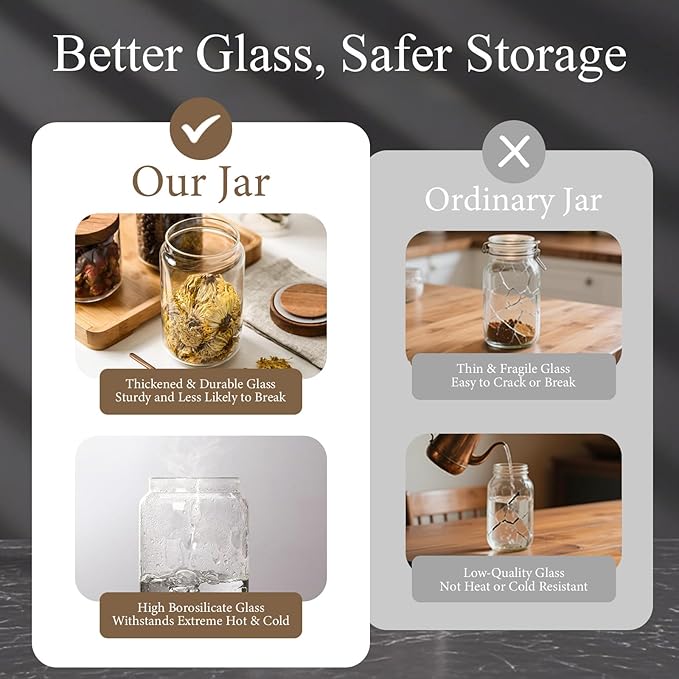 Glass Jars with Airtight Wood Lids - 17 oz Small Kitchen and Pantry Storage Containers, Canisters for Chia Seed, Ground Coffee, Sugar, Spice, Salt, Salad, Matcha, Set of 2