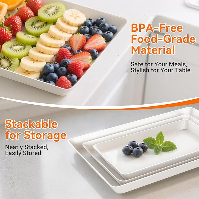 3-Pack Serving Tray for Parties, Serving Platter in 3 Sizes for Entertaining, Camping & Food Display, Plastic Trays for Cookies, Dessert, Stackable Rectangular Platters for Family(White)