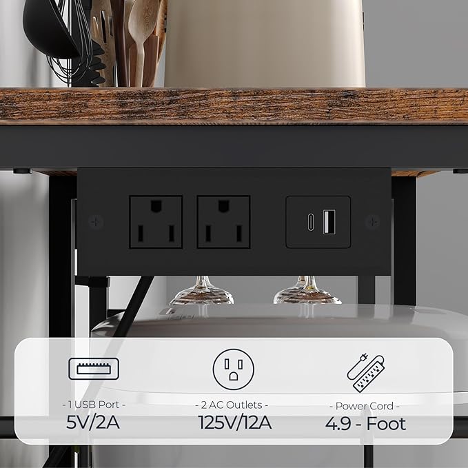 HOOBRO Bakers Rack with Power Outlet, 5 Tiers Coffee Bar with LED Light, Microwave Stand with Wire Basket & Wine Holders, Kitchen Storage Shelf with 6 S-Shaped Hooks, Rustic Brown and Black BF21UDHB01