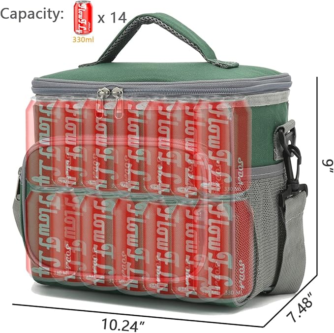 FlowFly Insulated Reusable Lunch Bag Adult Large Lunch Box for Women and Men with Adjustable Shoulder Strap,Front Zipper Pocket and Dual Large Mesh Side Pockets,ArmyGreen