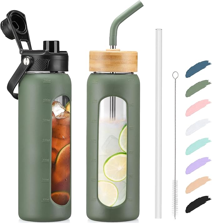Kodrine Water Bottle with Straw, 24 oz Glass water Bottle with 2 Lids Bamboo Straw Lid and Spout Lid with Handle, 32 oz Clear Water Bottle Glass for Sports Travel, Waterbottle with Time Marker