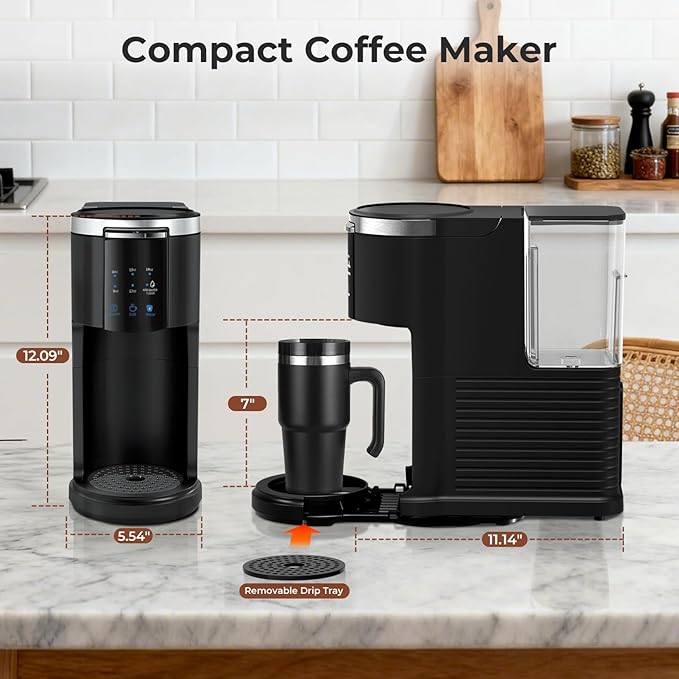 Single Serve Coffee Maker for 2 in 1 K Cup Pods & Ground Coffee,6 to 14 Oz Brew Sizes,40oz Removable Water Tank,Compact Portable Coffee Machine for Home,Black