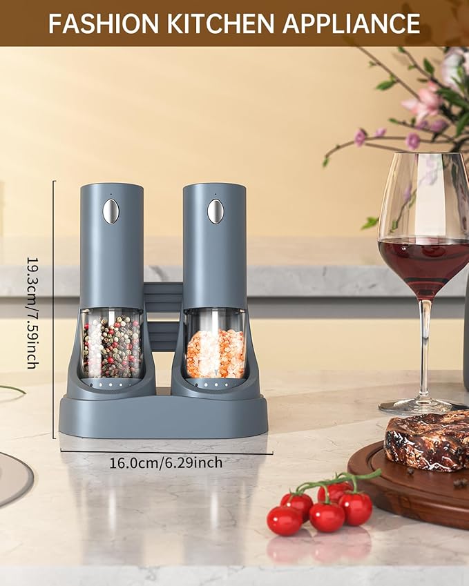 CIRCLE JOY Electric Salt and Pepper Grinder Set Automatic Salt and Pepper Grinder Set with Easy-to-Carry Charging Base and LED Light, Adjustable Coarseness, USB Rechargeable, Washable Container, Blue