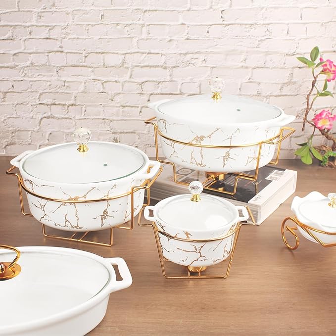 8" Ceramic Casserole Dish with Glass Lid and Gold rack, 2 Quart Serving Soup Tureen,Chafing Dish for Buffet, Family Food preserve Tray, Catering Casserole for Party Style