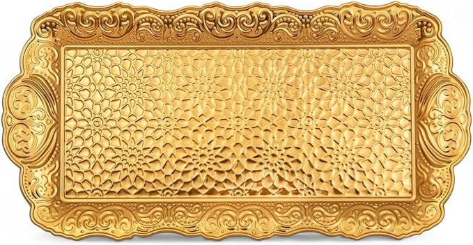 Alisveristime Small Ornate Metal Serving Tray – Ottoman Motif Decorative Tray (14.2" x 7.1", 10.8 oz) (Gold)