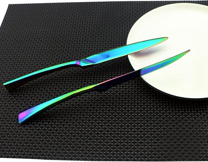 Flatware Set 18/10 Stainless Steel Mirror Polished Rainbow Colorful Cutlery - Silverware Utensil Set of Serrated Steak Knife Dinner Fork Knife Salad Fork Dessert Spoon,6 Piece Service for 1