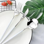 JASHII Flatware Serving Set 24 Piece, Stainless Steel Silverware Set, White Silver Cutlery Set, Modern Elegant Tableware Set for Party, Christmas, Dinner (White Silver)