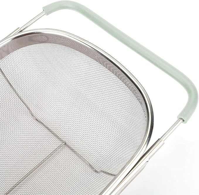 Over The Sink Colander, 6 Quarts Stainless Steel Oval Colander with Expandable Rubber Grip Handle, Fine Mesh Strainer Baskets Kitchen Colanders for Strain, Drain, Rinse Vegetables, Mint Green
