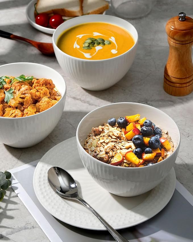 NUTRIUPS 5.5 in Deep Cereal Bowls, 25 oz Soup Bowl Set, Ceramic, Oven & Microwave Safe, Set of 6 White Bowl for Oatmeal Chili Salad
