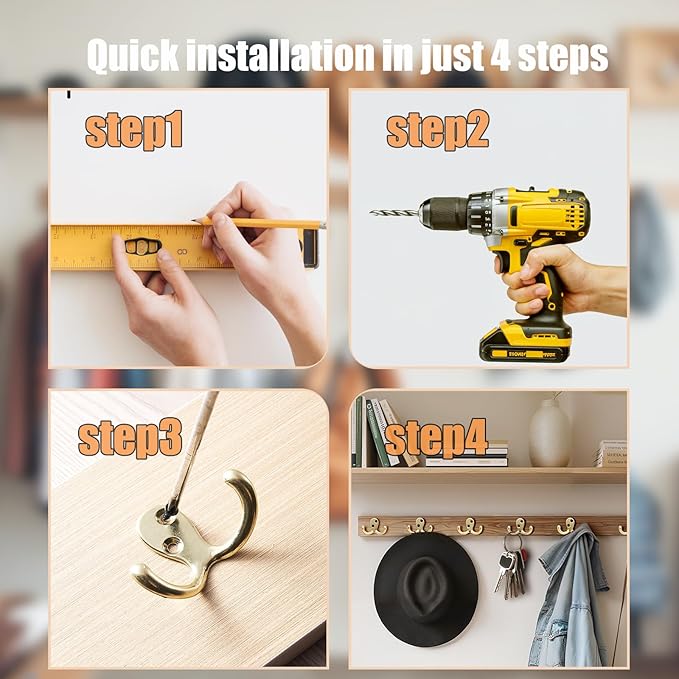 Double-Prong Coat Hooks Wall Mounted - 8 Pack Gold Wall Hooks for Hanging - Great for Living Room, Bedroom, Bathroom, Closet for Coat, Bag, Towel, Hat, Key, Cup, Watch, Heavy-Duty, Easy to Install