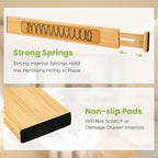 Drawer Divider, Adjustable Bamboo Kitchen Drawer Organizer, Spring Loaded Drawer Organizer, Dresser Separators for Kitchen, Bathroom, Clothes, Office Desk Storage (Natural, 4 Pack Large)