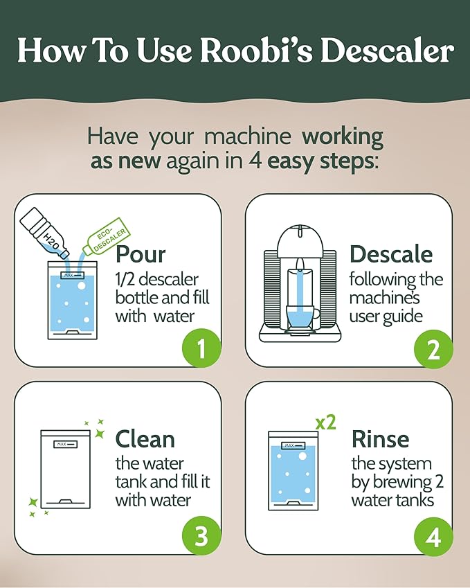 Nespresso Vertuo Compatible Descaling Solution. Eco-Friendly Formula to Clean & Descale Your Nespresso Vertuoline Machine. 2 Uses per Bottle, 2 Pack. Carbon Neutral Vertuo Descaling Kit.